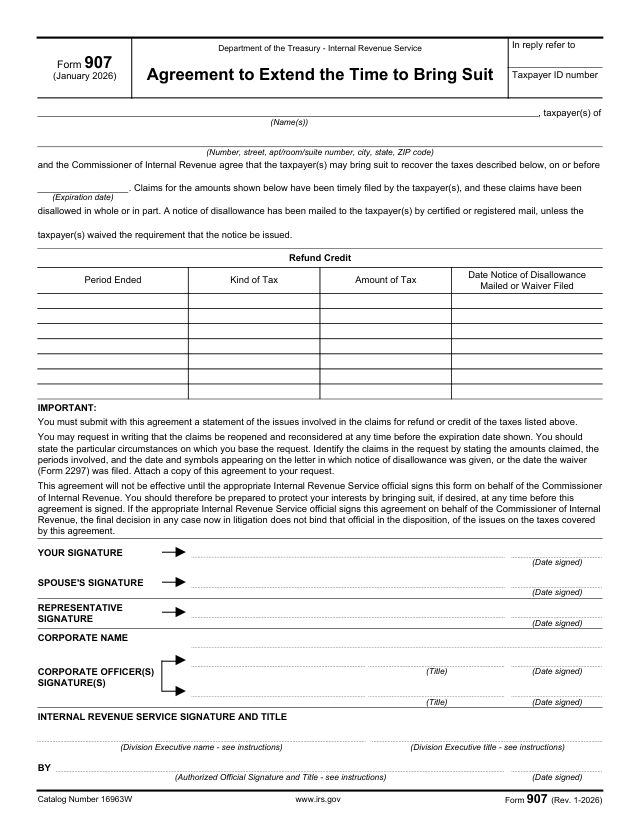 First page of Form 907 Agreement To Extend Time To Bring Suit