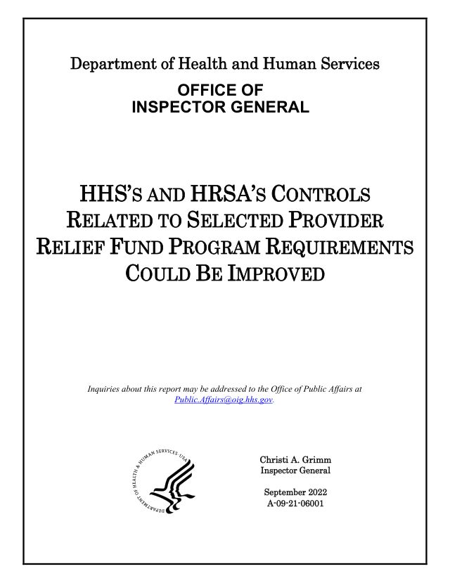 First page of HHS's and HRSA's Controls Related To Selected Provider Relief Fund Program Requirements Could Be Improved, A-09-21-06001