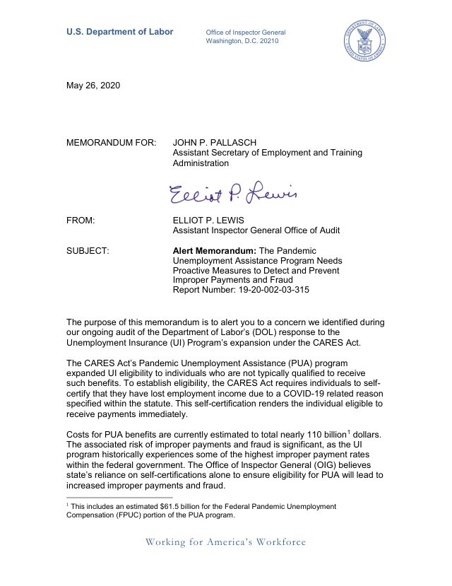 First page of Alert Memorandum — PUA Self-Certification Renders $110 Billion Program Vulnerable to Fraud