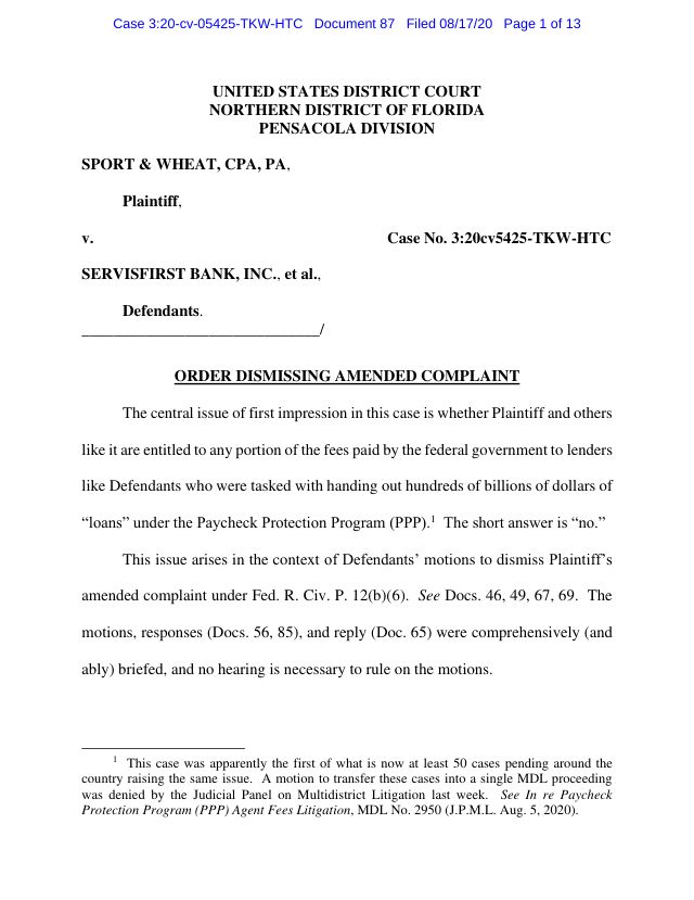 First page of Order Dismissing Amended Complaint — Sport & Wheat v. ServisFirst