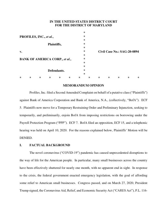 First page of Memorandum Opinion Denying TRO — Profiles v. BofA (D. Md.)