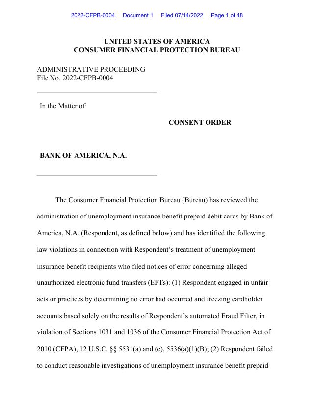First page of CFPB consent order, Bank of America, N.A., 2022-CFPB-0004